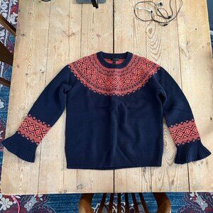 New J Crew Fair Isle Sweater Womens MED Wool Blend Navy Orange Pullover
